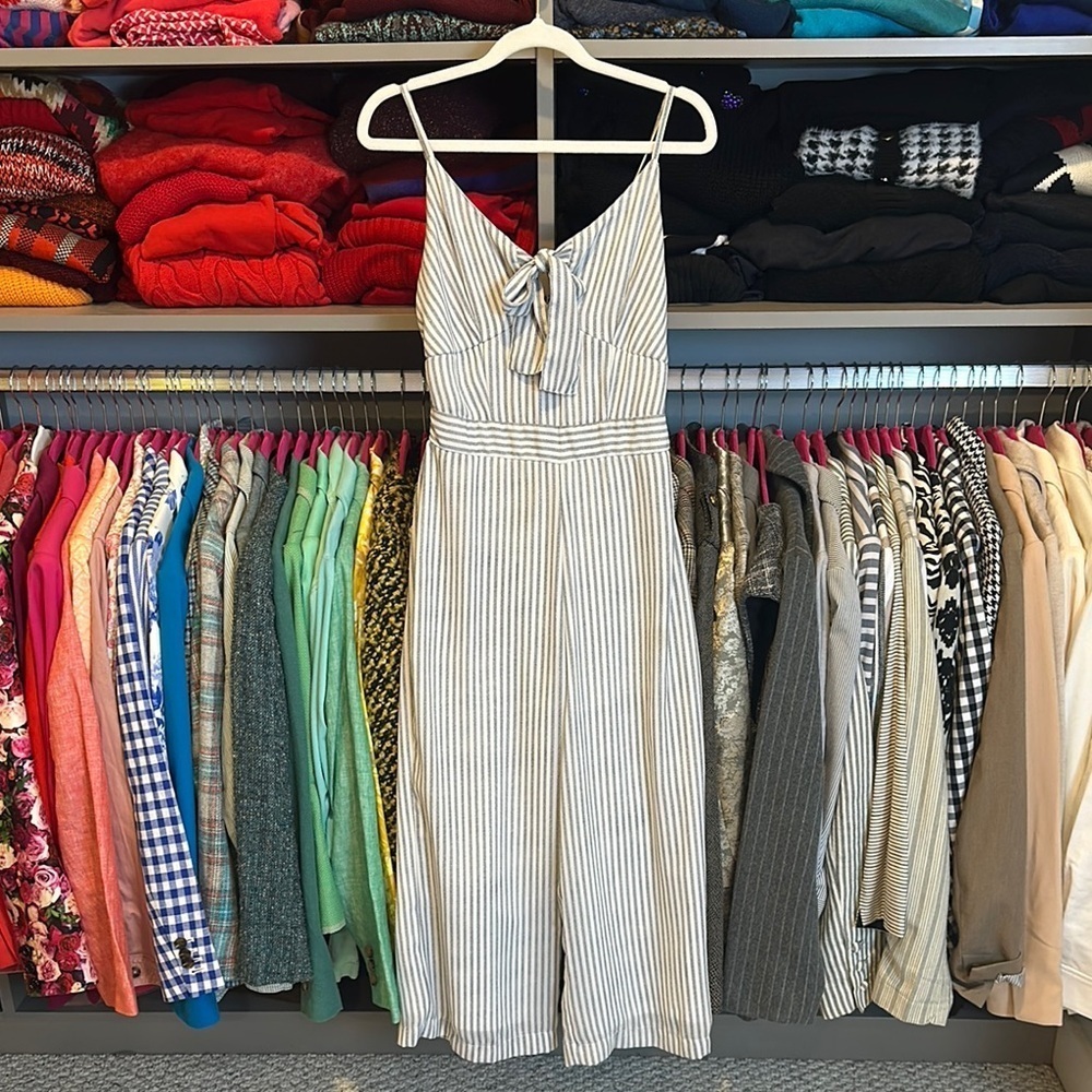 Japna blue/white stripe adjustable strap lined tie front cropped jumpsuit size S